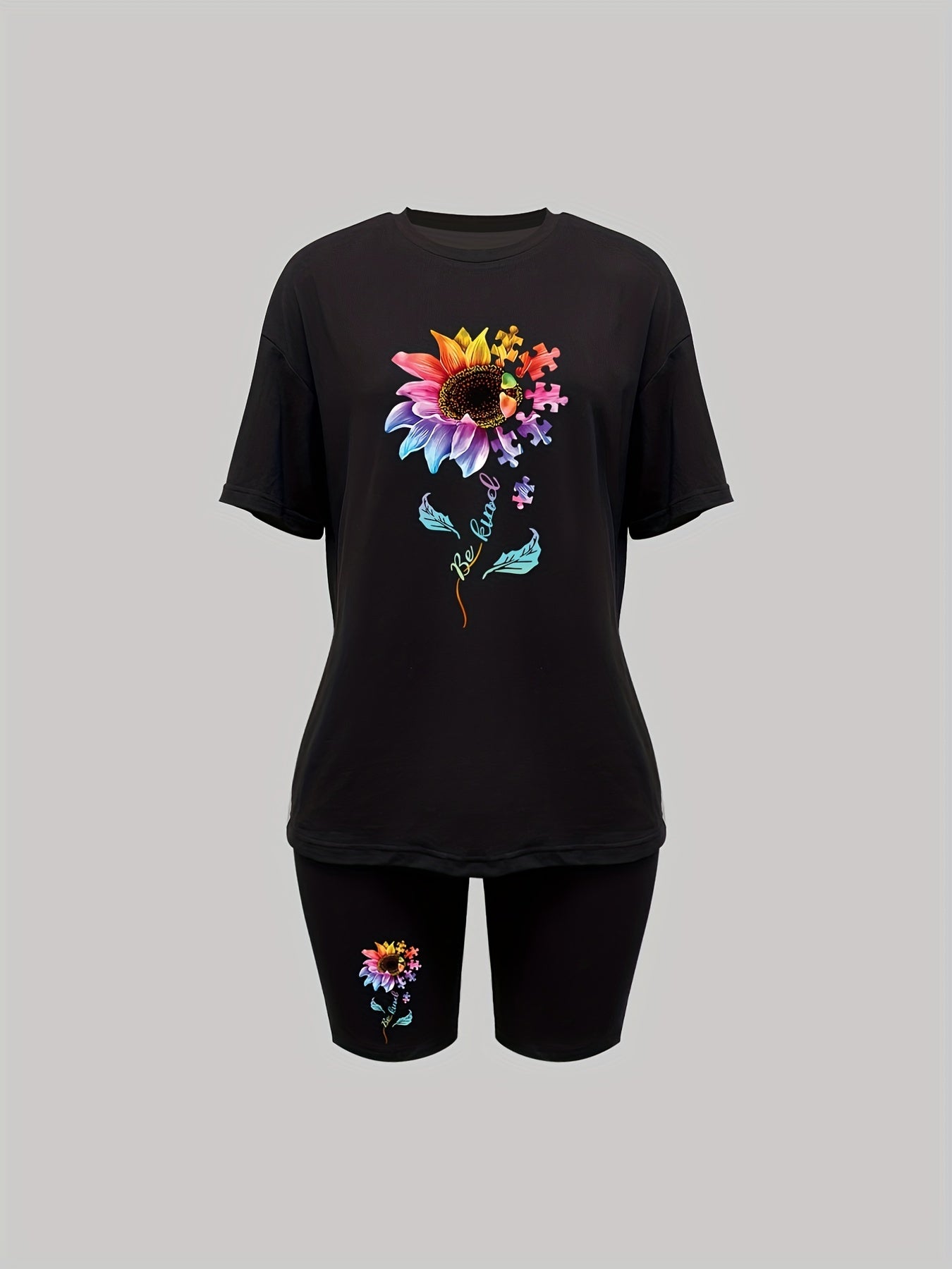 Floral Print Casual Two piece Set Crew Neck Short Sleeve T shirt & Slim Shorts