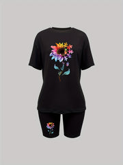 Floral Print Casual Two piece Set Crew Neck Short Sleeve T shirt & Slim Shorts