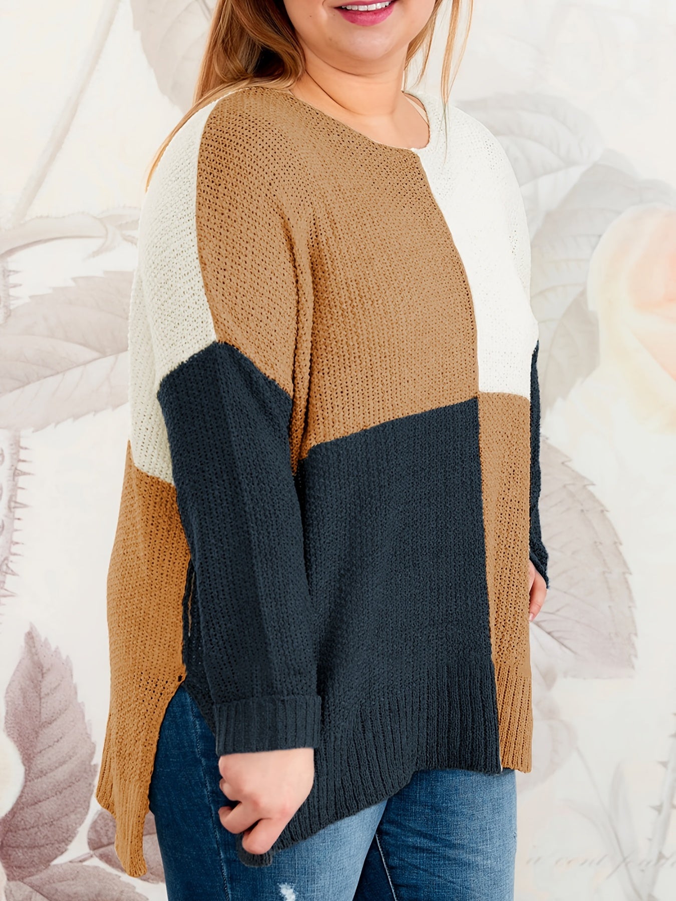  Colorblock Round Neck Pullover Sweater