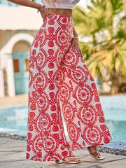 Boho Wide Leg Pants Allover Print Elastic High Rise Trousers