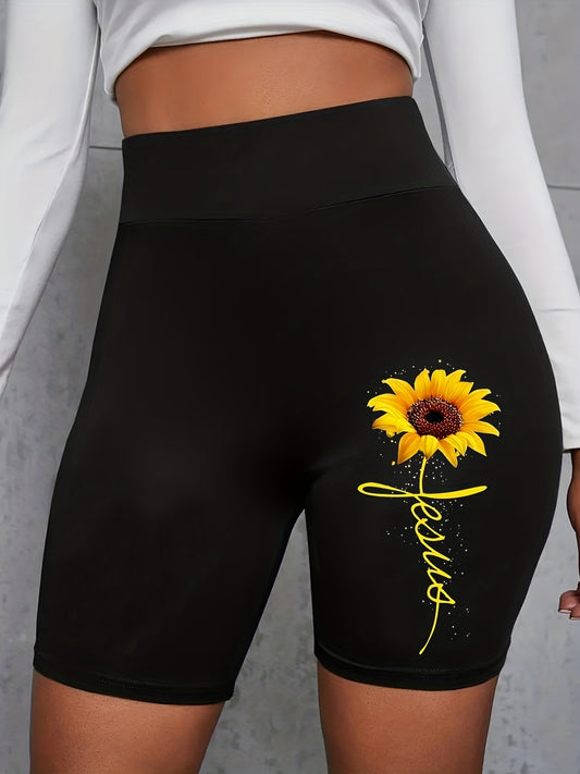 Sunflower Print Biker Shorts High Waist Leggings