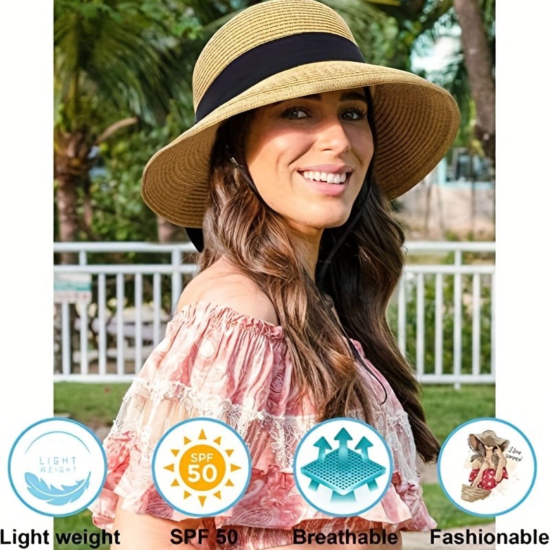 Bowknot Ponytail Sun Hat Wide Brim UV Protection Straw Hat Lightweight Foldable