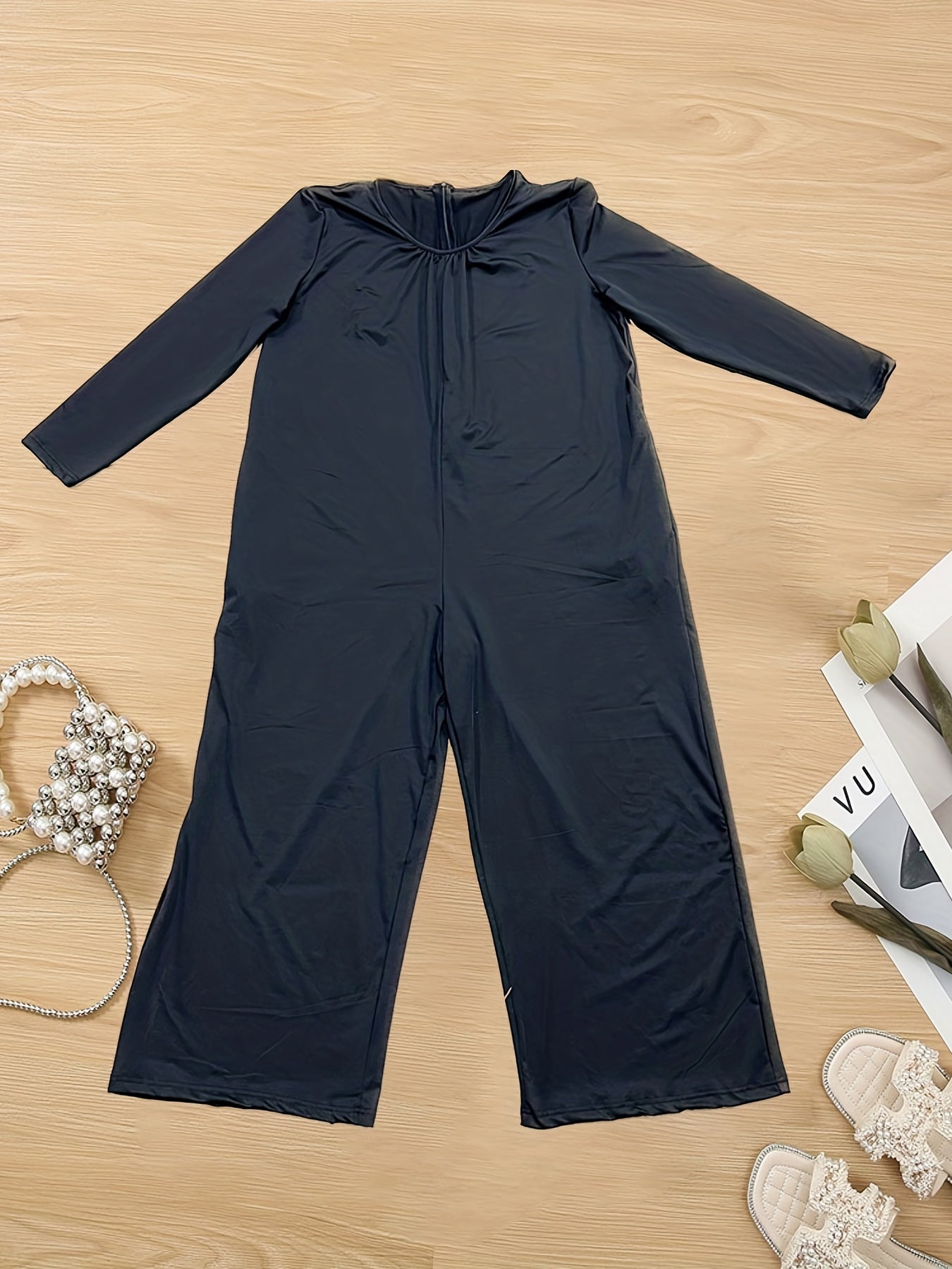  Solid Long Sleeve V Neck Wide Leg Jumpsuit With Pockets