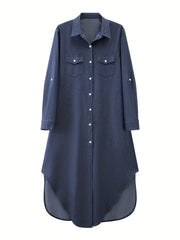  Solid Button Up Roll Long Sleeve Maxi Shirt Dress