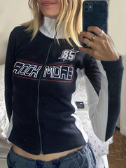 Y2K Block Letter Print Jacket Crop Zip Up Women's Clothing