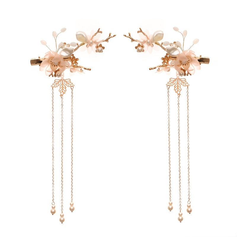 Chinese Style Hanfu Hairclip Faux Pearl Flower Tassel Hairpin