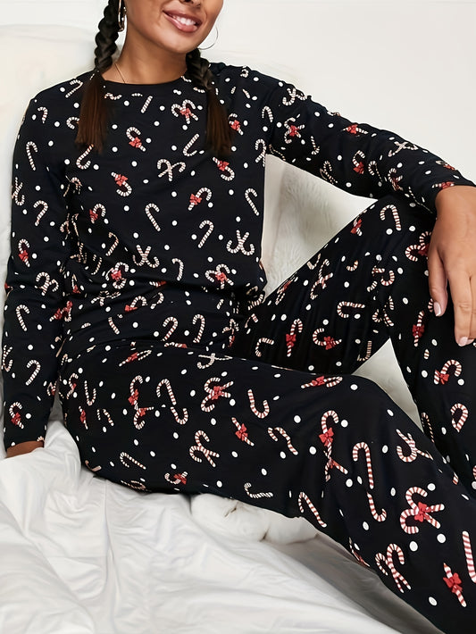  Xmas Lounge Set Women's Lollipop & Polka Dot Print Tee & Pants