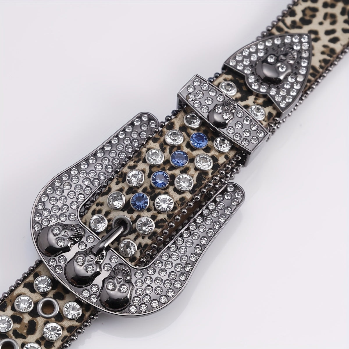 Leopard Skull Belt with Rhinestone Buckle Wide Waist Belt