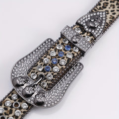Leopard Skull Belt with Rhinestone Buckle Wide Waist Belt