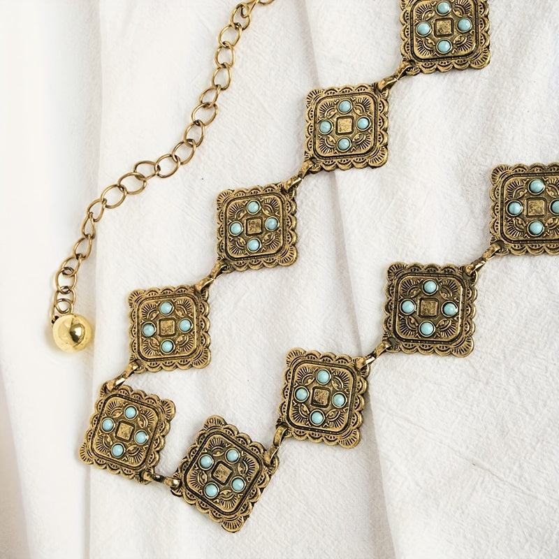 Geometric Flower Carved Waist Chain Turquoise Inlay Vintage Square Chain