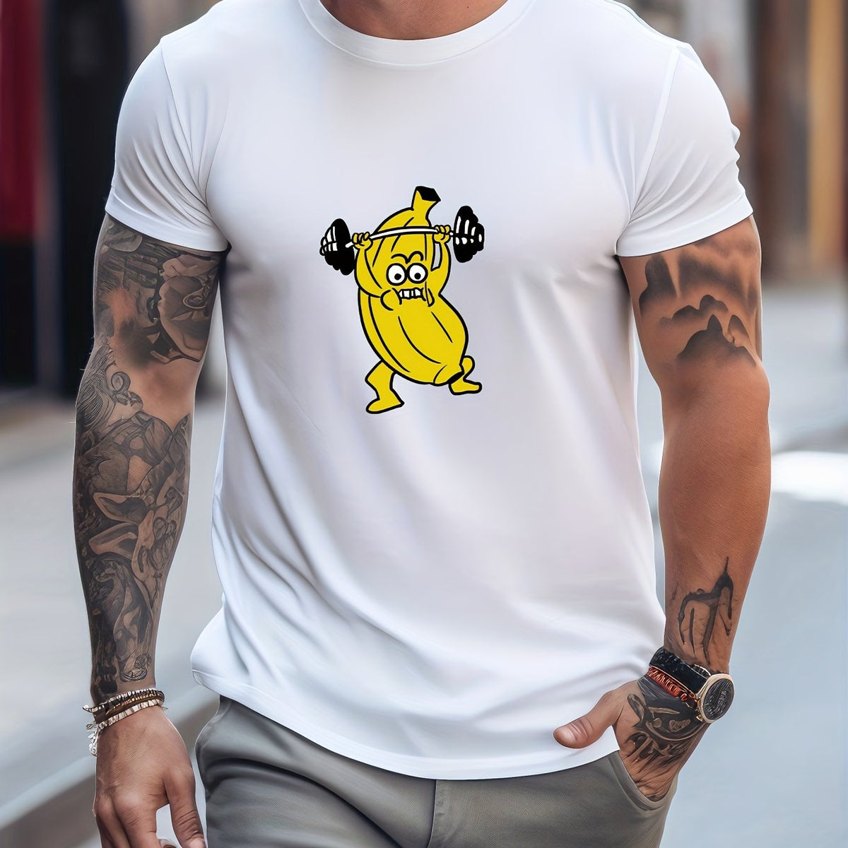 Men's Printed Leisure Sports T-shirt Casual Stretch Round Neck Tee Shirt
