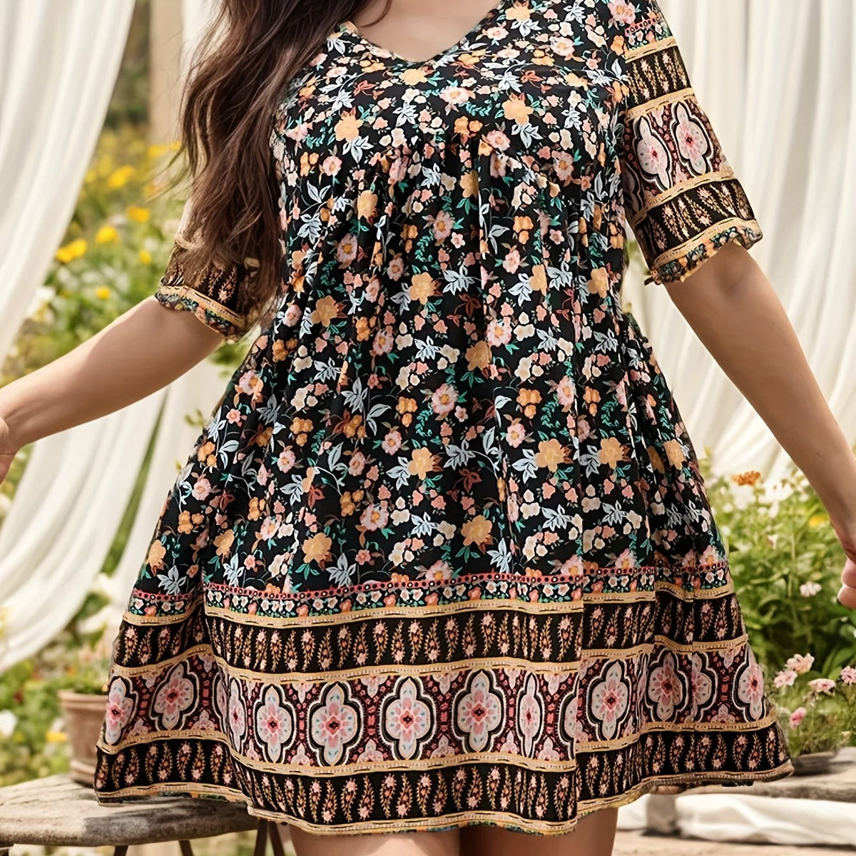  Boho Dress Women's Plus Ditsy Floral Print Short Sle...