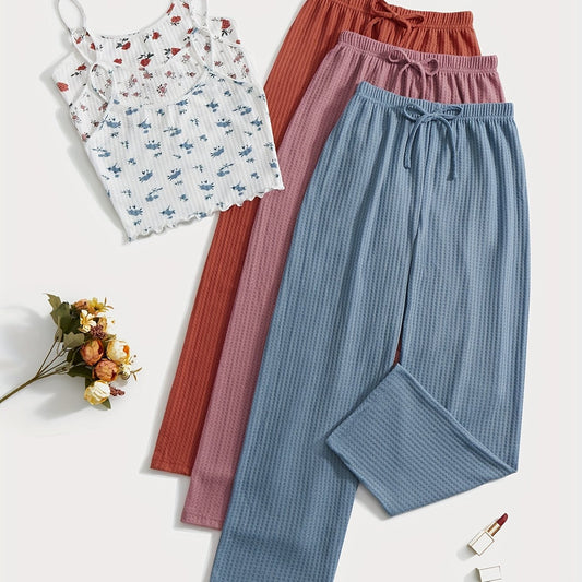 Floral Print Lounge Set Cami Top & Waffle Pants Women's Loungewear