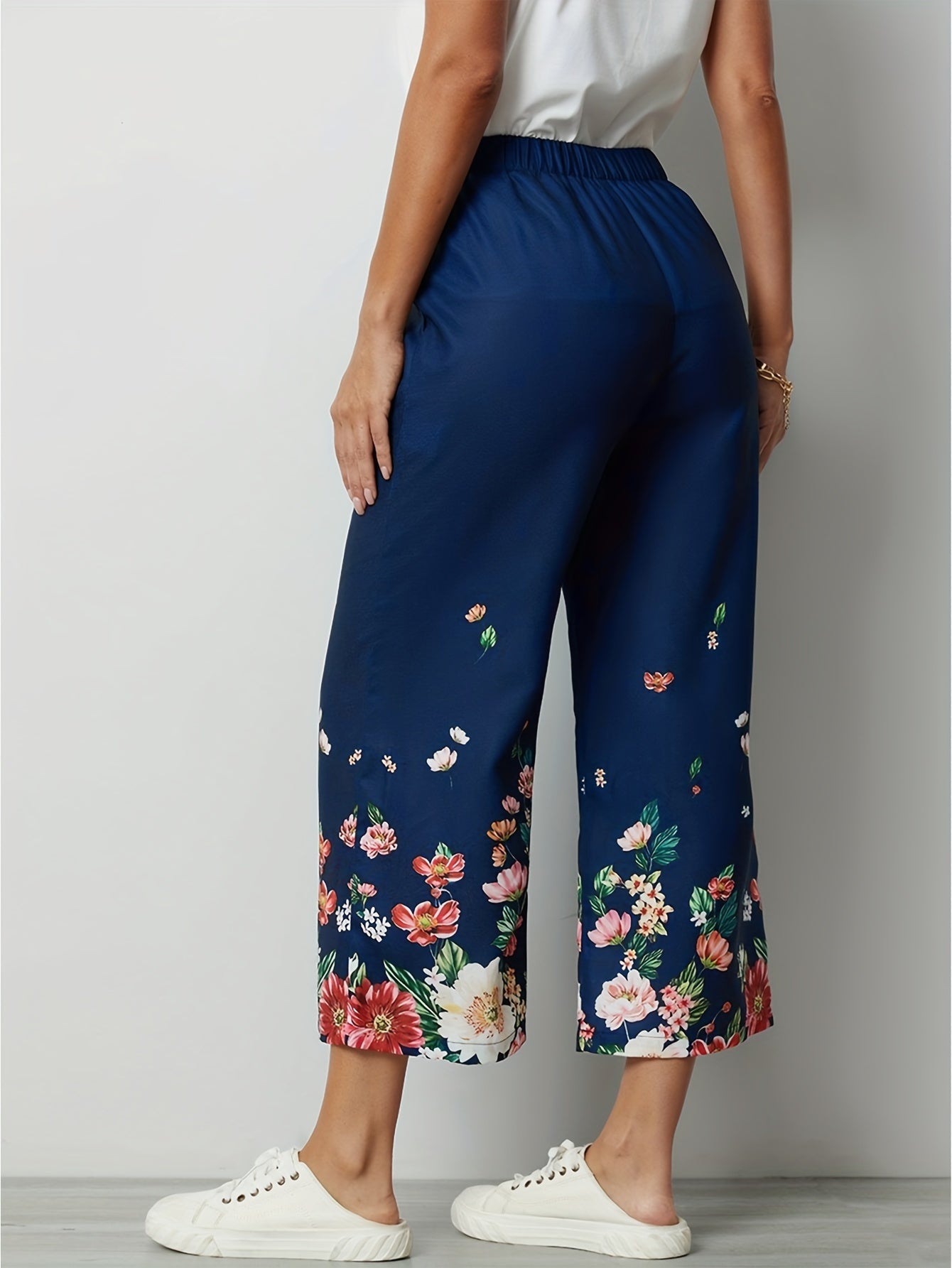  Floral Print Wide Leg Crop Trousers With Pockets
