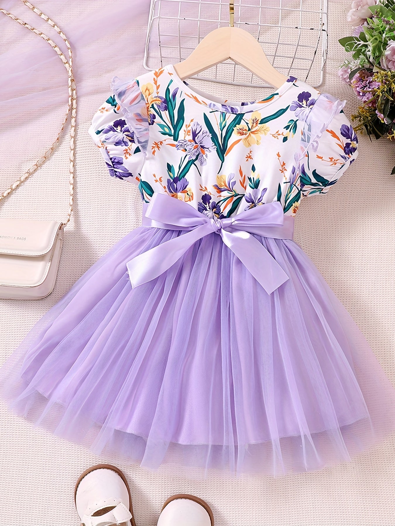 Toddler Girls Flowers Graphic Mesh Princess Dress with Belt