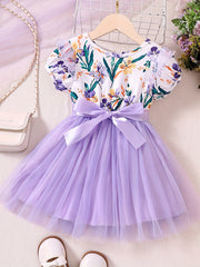 Toddler Girls Flowers Graphic Mesh Princess Dress with Belt
