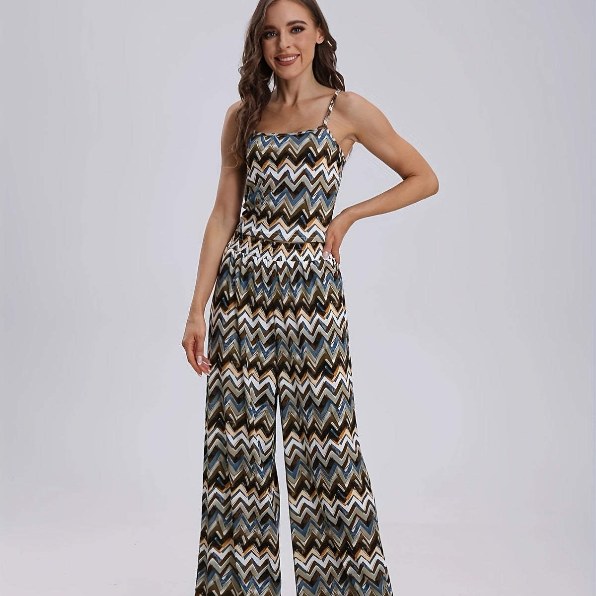 Striped Two Piece Set Crop Cami Top & Wide Leg Pants Outfit