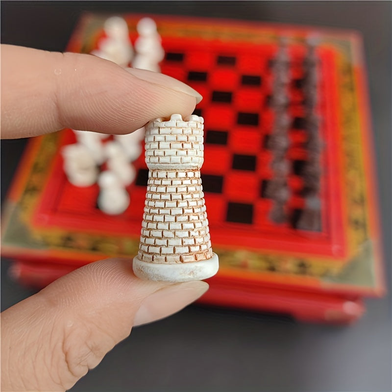 Vintage 3D Resin Chess Pieces Wooden Table Chess Game