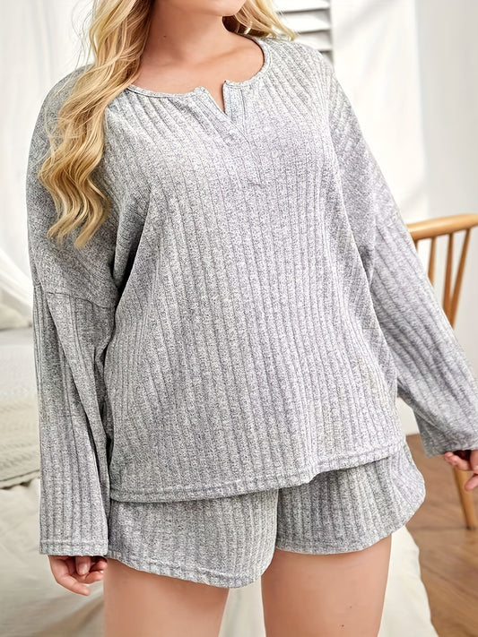  Ribbed Long Sleeve Top & Shorts Set
