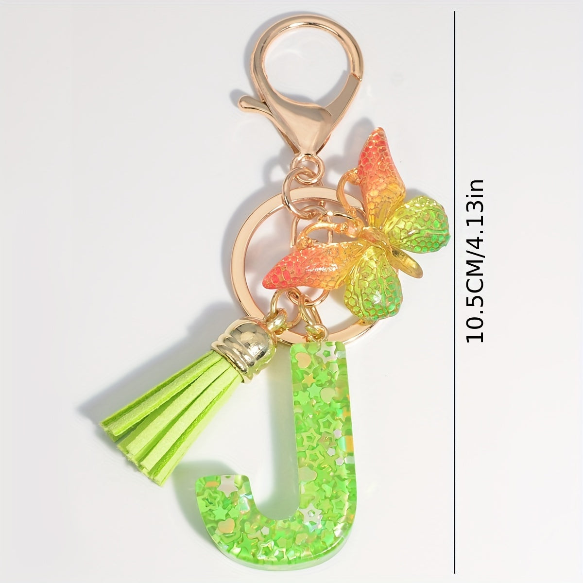 Resin Initial Letter Keychain with Butterfly Sequin Tassel Pendant