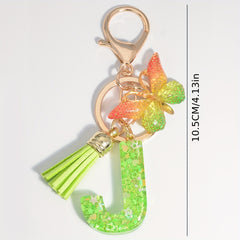 Resin Initial Letter Keychain with Butterfly Sequin Tassel Pendant