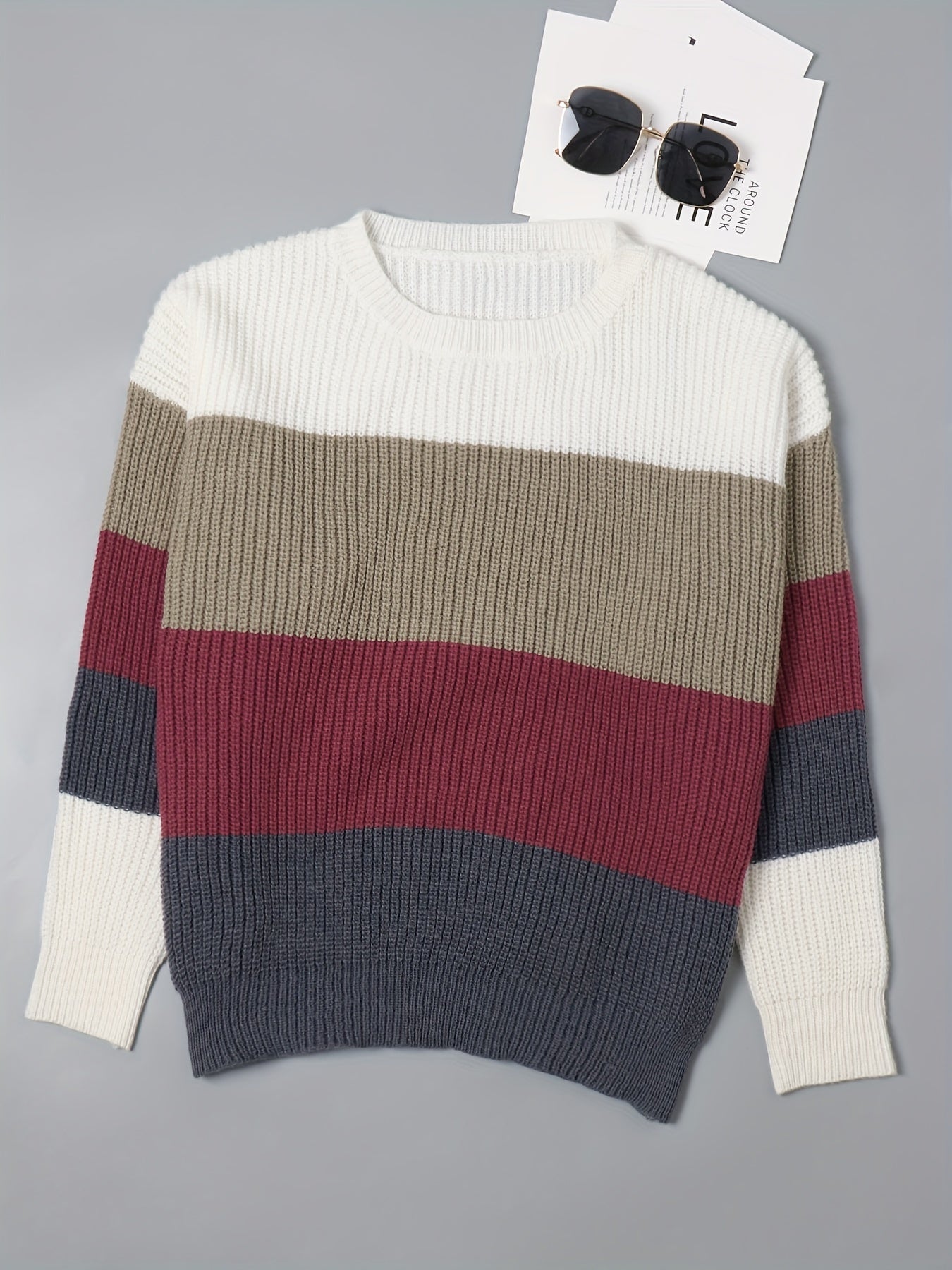  Colorblock Striped Sweater Long Sleeve Crew Neck Pullover Jumper