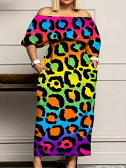  Colorblock Leopard Print Maxi Dress with Bubble Sleeves
