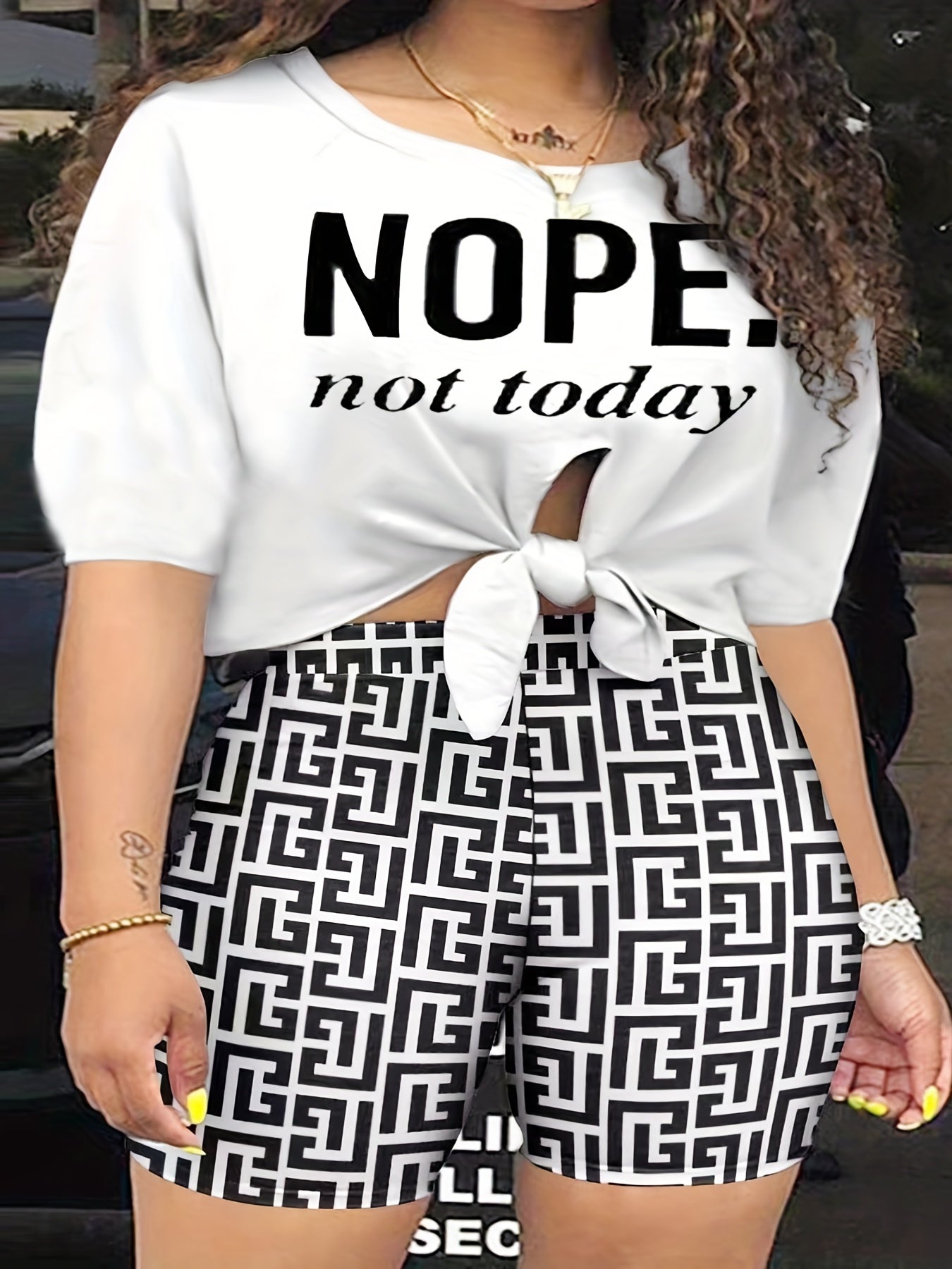  Sexy Outfits Set Women's Plus Letter Print Crew Neck