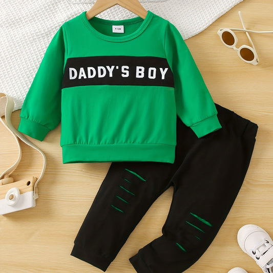 Baby Boys Casual Outfit DADDY'S BOY Print Sweatshirt Ripped Trousers