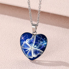 Butterfly Pattern Drop Necklace With Heart Shape Glass Pendant Neck Chain