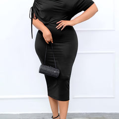  Solid Drawstring One Shoulder Midi Dress