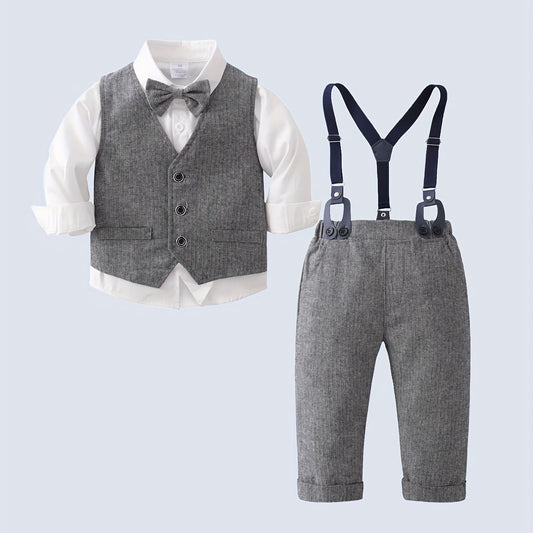 Baby Boy 3pcs Gentleman Suit Long Sleeve Shirt Bow Tie Vest Pants