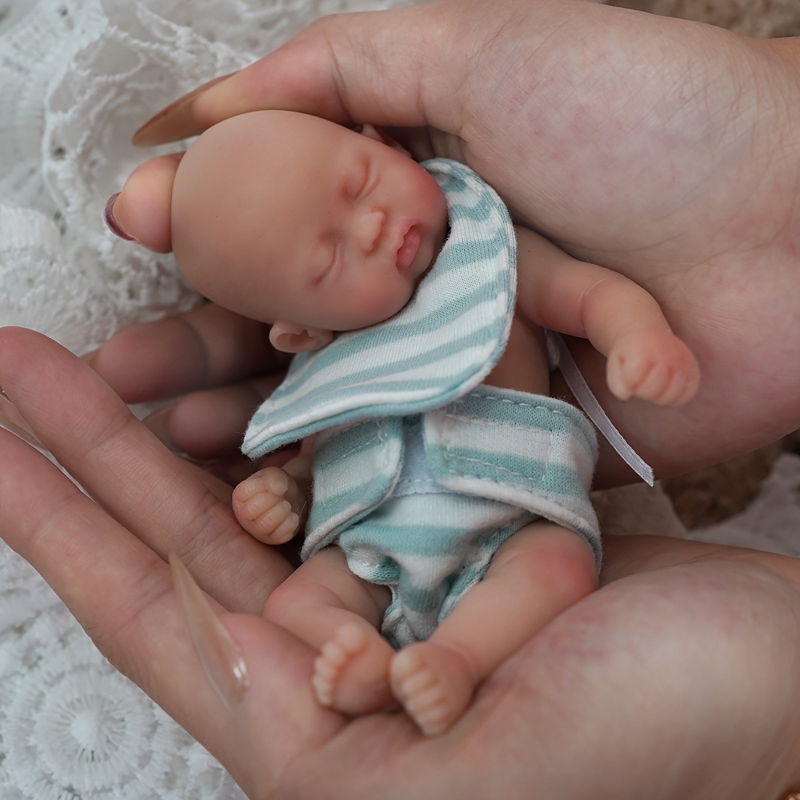 6 Inch Rourou Boy Reborn Doll with Yellow Knit Hat & Green Sweater