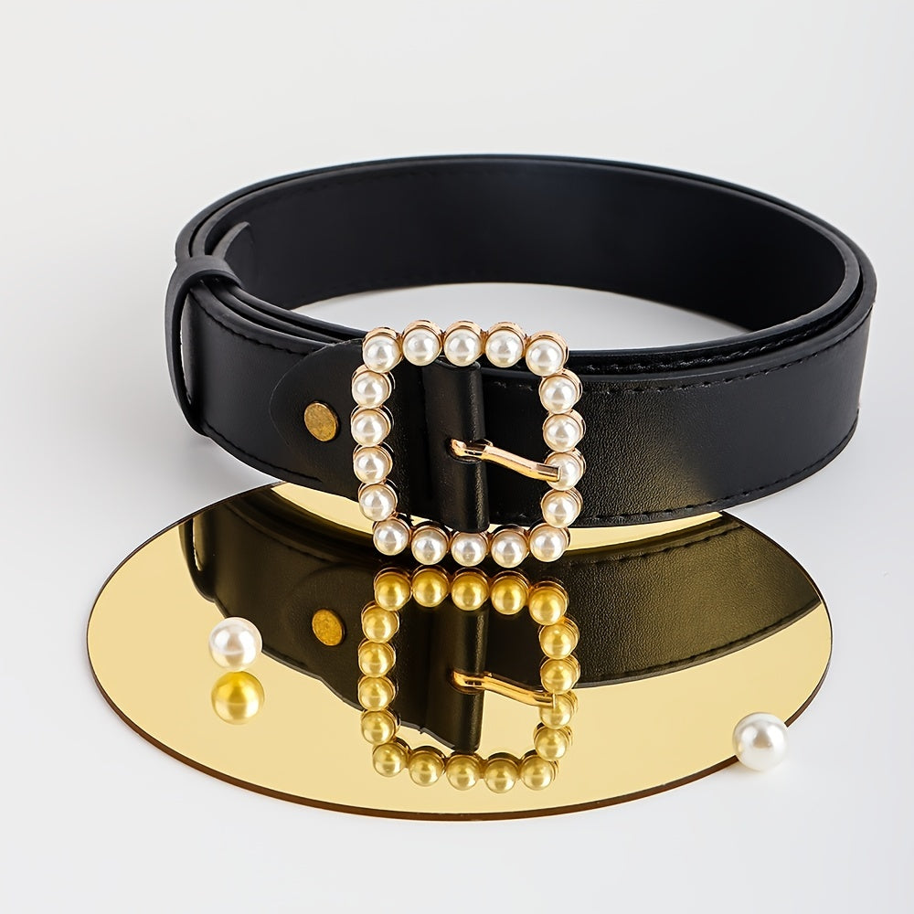 Faux Pearls Buckle Belt Women's Pants Belt Wide Pin Buckle Waistband