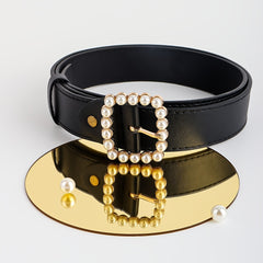 Faux Pearls Buckle Belt Women's Pants Belt Wide Pin Buckle Waistband