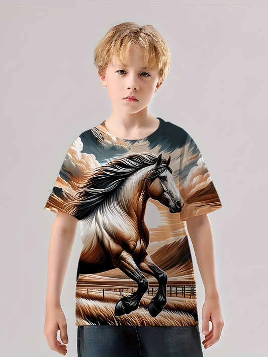 Running Horse 3D Print Boy's Casual Tees Short Sleeve Crew Neck