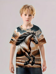 Running Horse 3D Print Boy's Casual Tees Short Sleeve Crew Neck