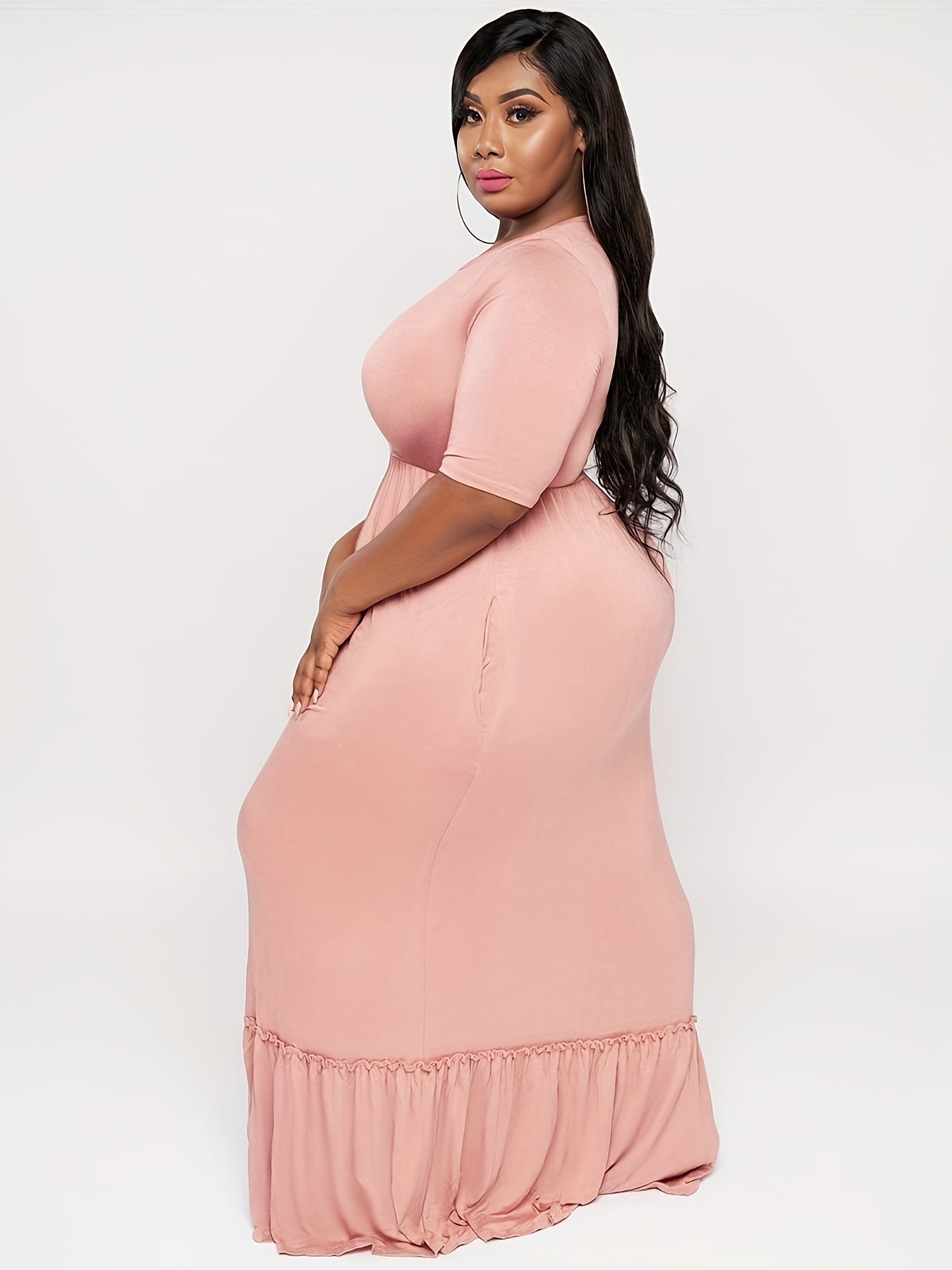  Solid Short Sleeve Maxi Dress