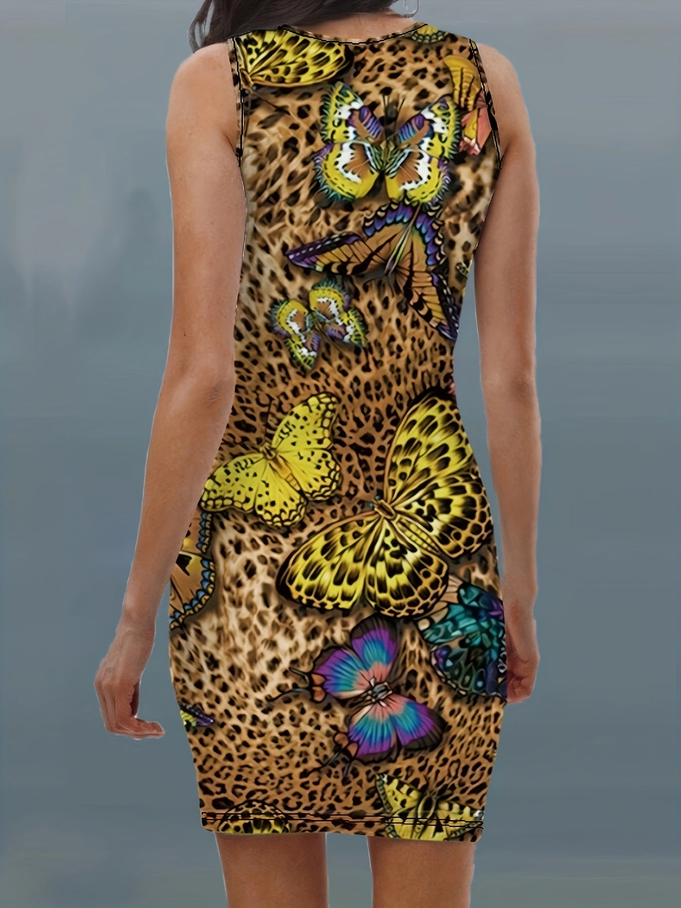  Leopard & Butterfly Print Round Neck Midi Tank Dress