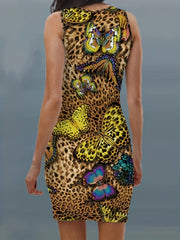  Leopard & Butterfly Print Round Neck Midi Tank Dress