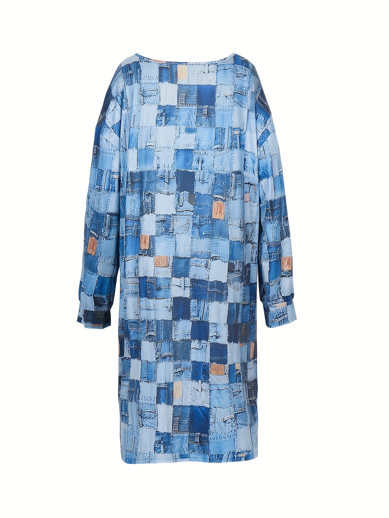  Denim Print Long Sleeve V Neck Dress With Pockets