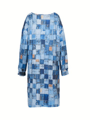  Denim Print Long Sleeve V Neck Dress With Pockets