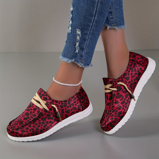 Leopard Print Flat Lace-Up Canvas Shoes for Women