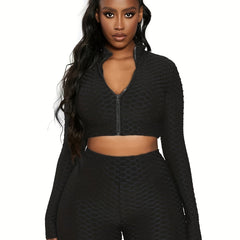  Sports Outfits Set Women's Plus Textured Crop Top & Biker Shorts Set