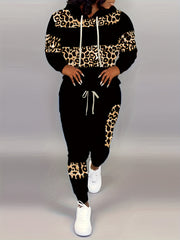 Women's Plus Leopard Print Hoodie & Pants Outfits 2 Piece Set
