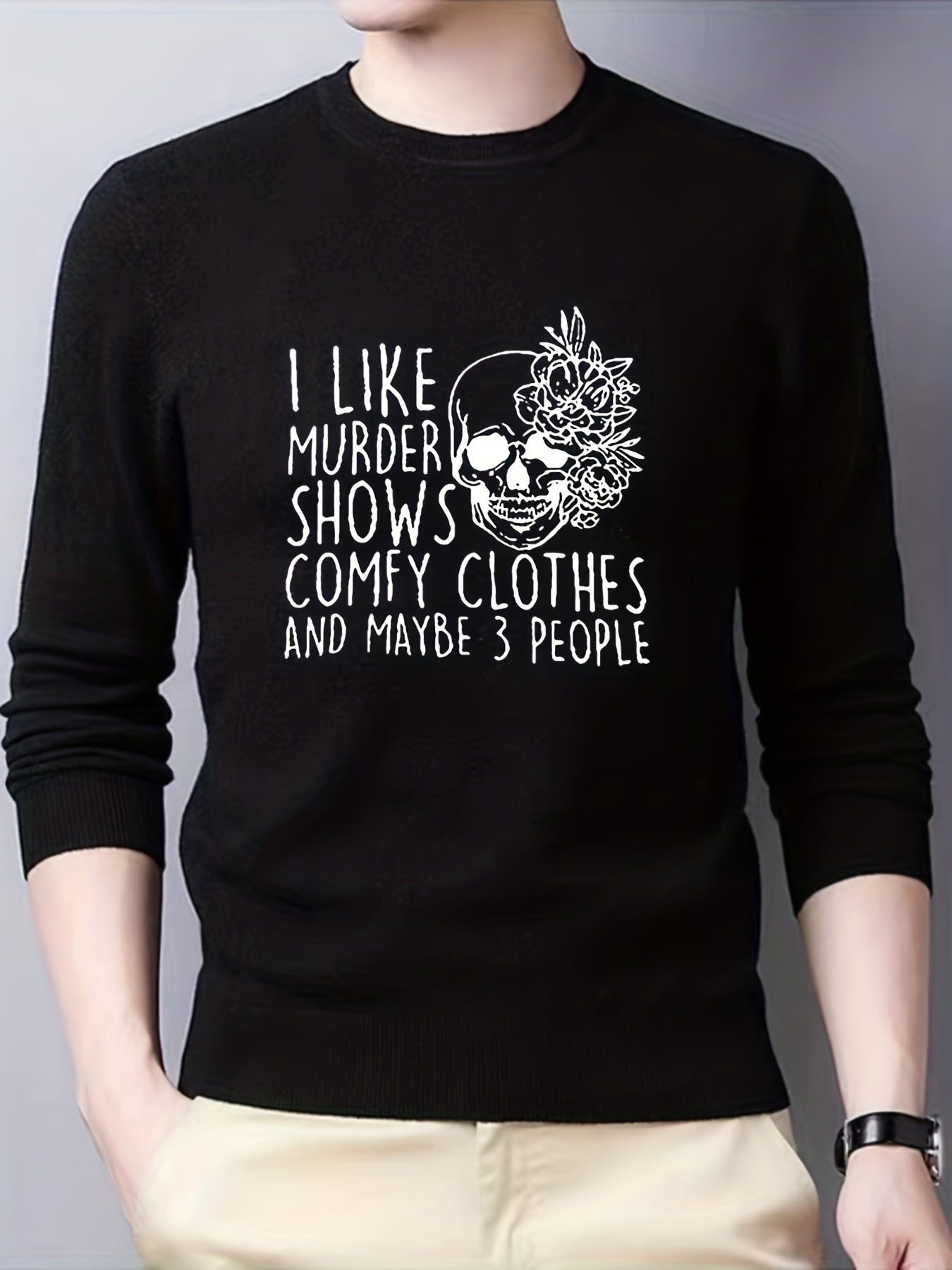 Skull Print Knitted Sweater Men's Crew Neck Pullover for Fall Winter