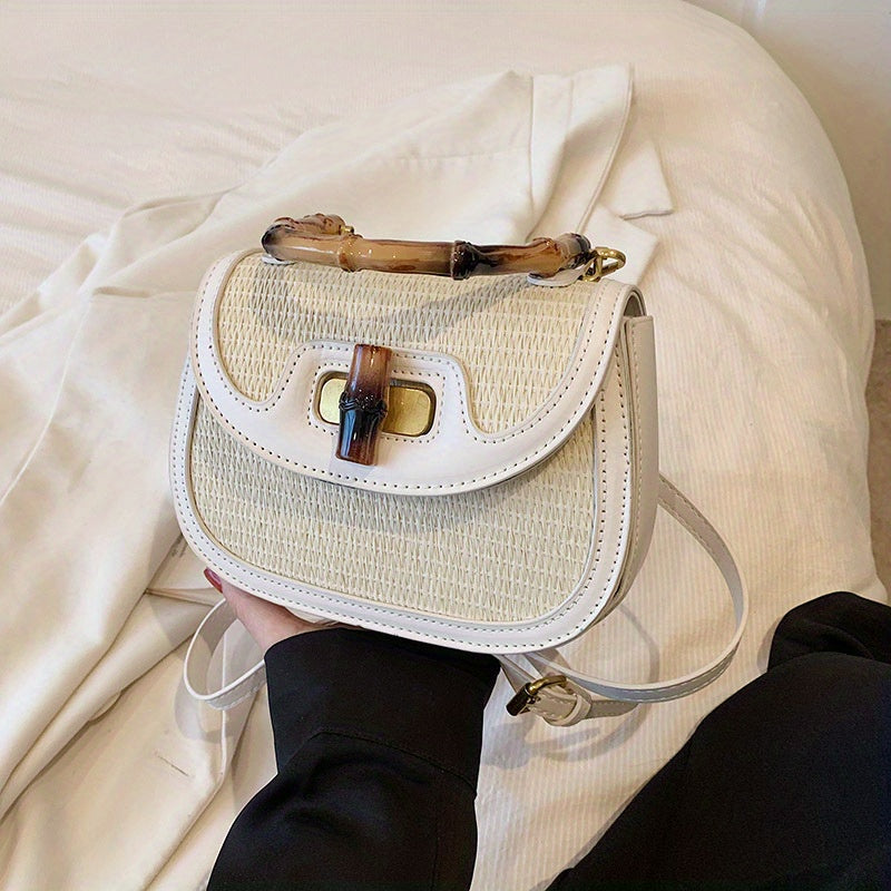 Straw Handbag Wooden Turn Lock Shoulder Bag Crossbody Bag