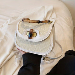 Straw Handbag Wooden Turn Lock Shoulder Bag Crossbody Bag