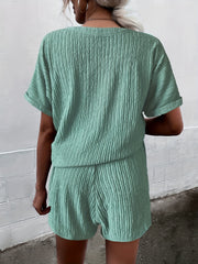 Solid Textured Two Piece Set Short Sleeve Top & Pocket Shorts Outfit