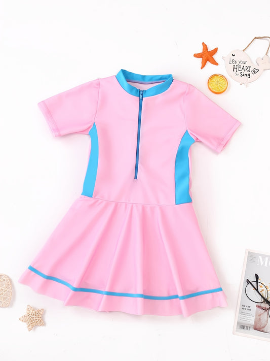 Girls Block Zipper One Piece Swimsuit Summer Beach Clothes